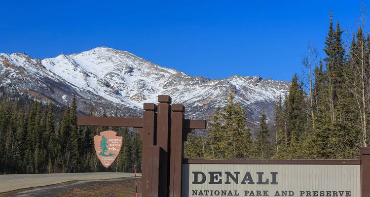 Panneau d'entrée du parc national de Denali avec en arrière-plan des sommets enneigés et une forêt de conifères.