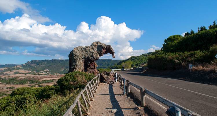 Formation rocheuse unique ressemblant à un éléphant près d'une route.