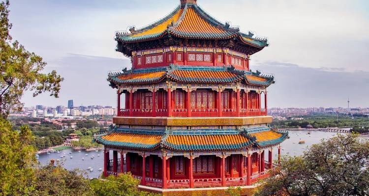 The Summer Palace in Beijing overlooking a large lake.