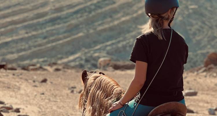 Person zu Pferd, die durch felsiges Wüstengelände reist.