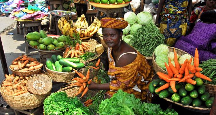 Une femme assise à un étal de marché aux légumes coloré.
