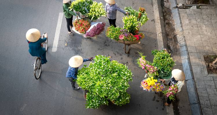 Vendeurs de fleurs en chapeaux coniques dans une rue vue d'en haut.