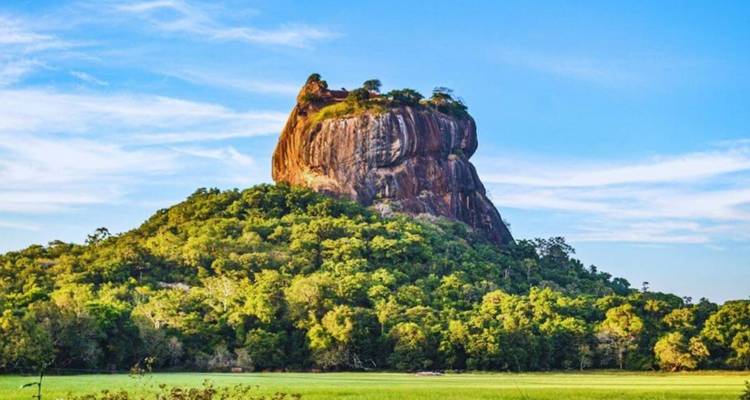Die majestätische Felsfestung Sigiriya erhebt sich über üppig grünem Wald und Feldern.
