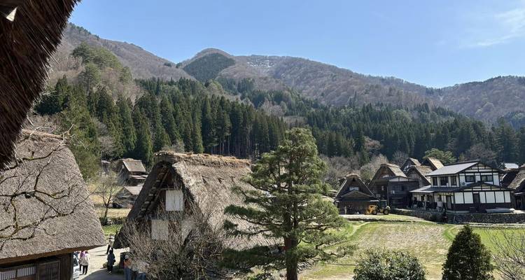 Traditional thatched farmhouses set in a mountain valley surrounded by dense evergreen forest