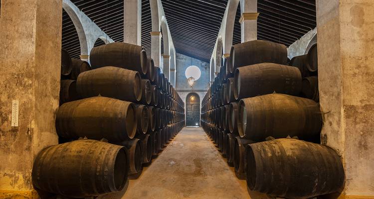 Largo pasillo de barriles de roble apilados envejeciendo jerez dentro de una bodega débilmente iluminada con techo abovedado.