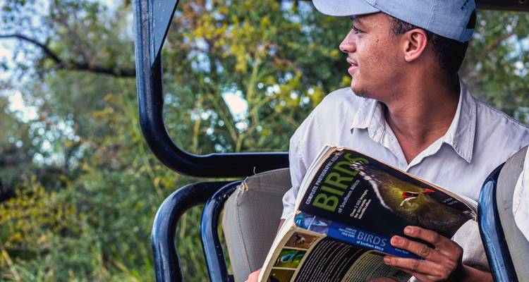 Persoon die een vogelgids leest in een safarivoertuig.