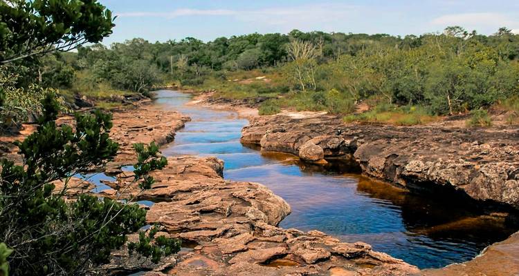 A river flowing through a rocky landscape with vegetation.