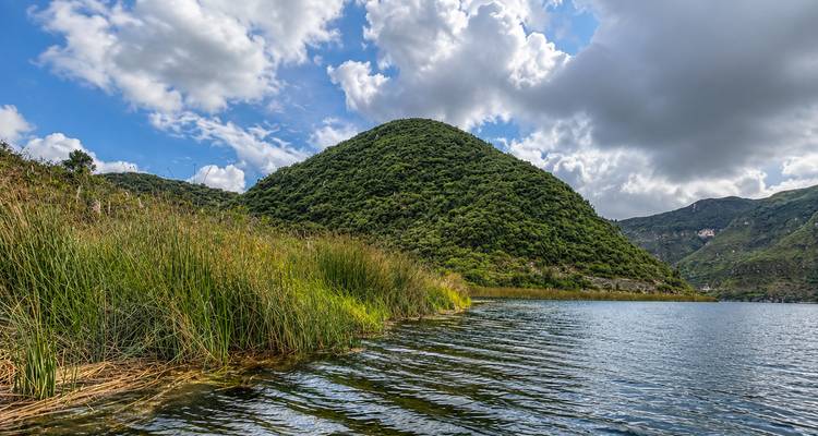 Vista cercana de un lago tranquilo rodeado de juncos altos con una colina boscosa verde bajo un cielo parcialmente nublado.