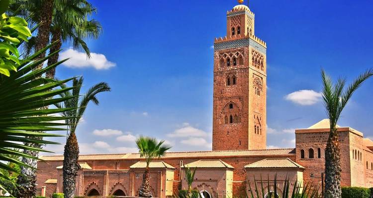 Koutoubia-Moschee mit Palmen, die den Blick einrahmen.