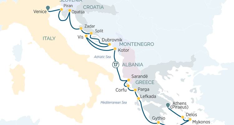 Carte d'itinéraire de croisière présentant des escales de Venise à Athènes via Vis, Dubrovnik, Kotor et les îles grecques.