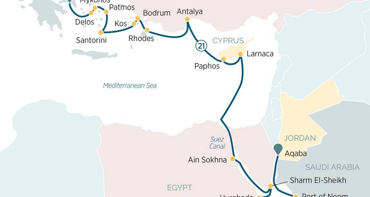 Geïllustreerde cruisekaart die de route door Griekenland, Turkije, Cyprus, Egypte en Jordanië toont.