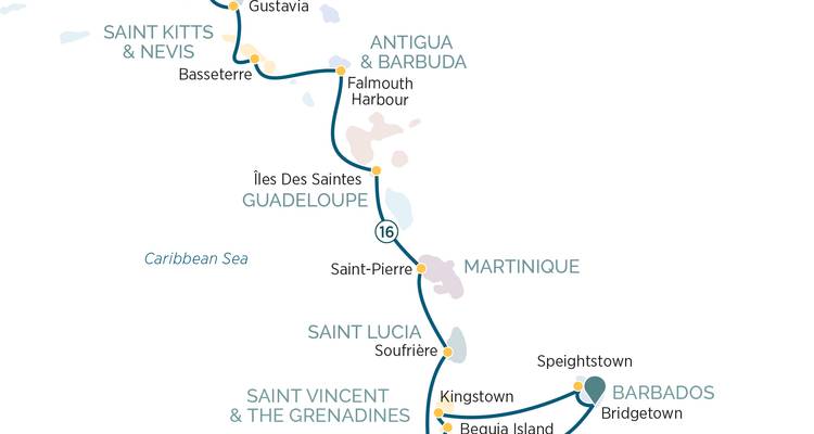 Mapa que ilustra una ruta de navegación a través de las Antillas Menores con puertos destacados.