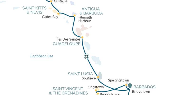 Mapa de itinerario simplificado de crucero por isla desde Antigua a Barbados.