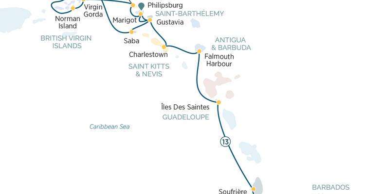 Mapa simplificado de ruta que muestra las islas del Caribe y la ruta del itinerario de crucero.