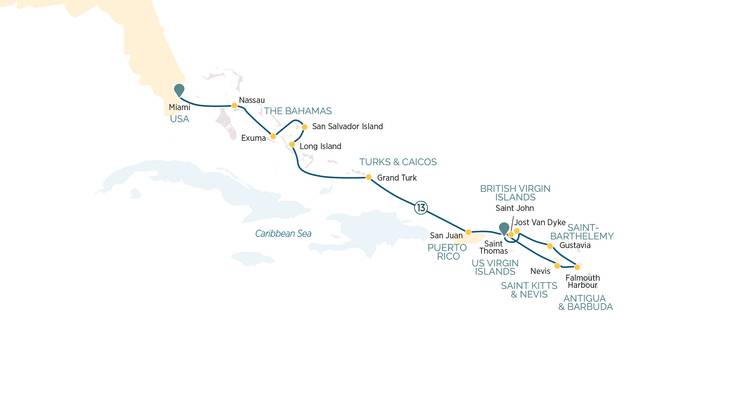 Mapa extendido de navegación por el Caribe desde Miami pasando por Bahamas hasta Antigua