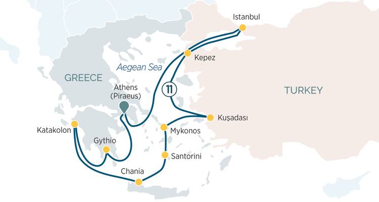 Geïllustreerde reisroutekaart van een cruiseroute door Griekenland en Turkije met stadswegpunten en zeeroutes.