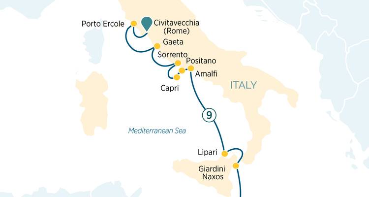 Map showing travel route across Italy, including Civitavecchia and Capri.