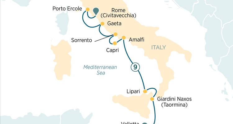 Carte d'itinéraire simplifiée d'une croisière méditerranéenne de Rome à la Sicile et à Malte.