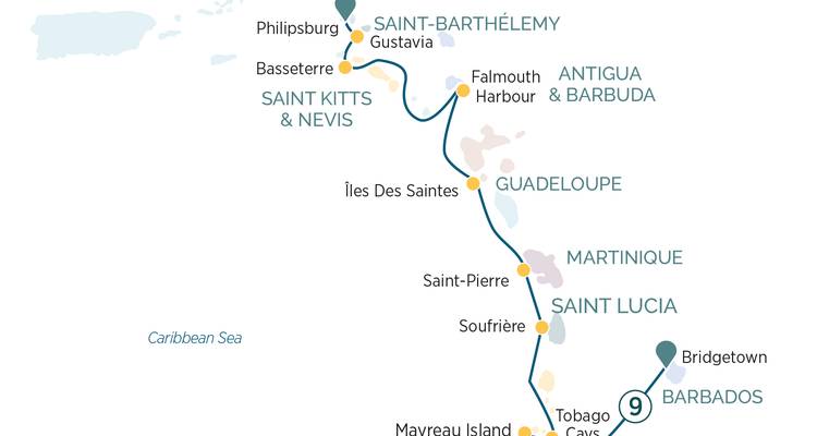Mapa que muestra la ruta de crucero a través de Guadalupe, Martinica y Barbados
