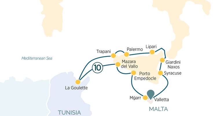 Carte d'itinéraire simplifiée montrant la route de croisière entre la Sicile et Malte.