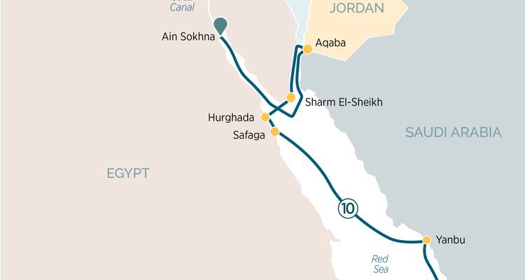 Mapa del itinerario de crucero mostrando paradas desde Ain Sokhna hasta Yanbu a lo largo de la costa del Mar Rojo.