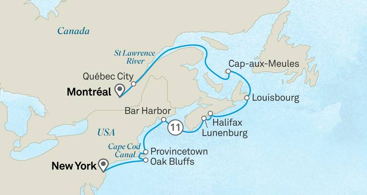 Mapa ilustrado que muestra una ruta de crucero entre Nueva York, Montreal y puertos del Atlántico canadiense.