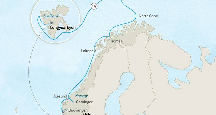 Kaart met verschillende locaties in Noorwegen waaronder Longyearbyen, Tromso en Oslo.