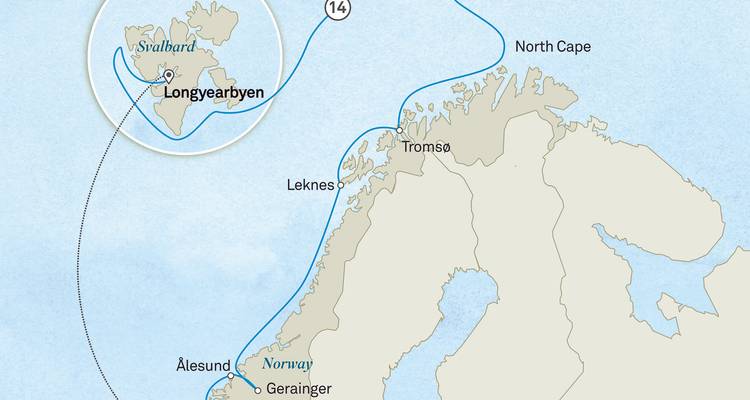 Mapa estilizado que muestra la ruta del crucero a lo largo de la costa noruega y Svalbard