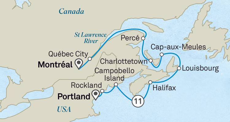 Map showing a travel route in eastern Canada.