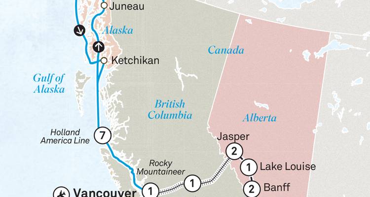 Map showing travel route through Canada and Alaska.