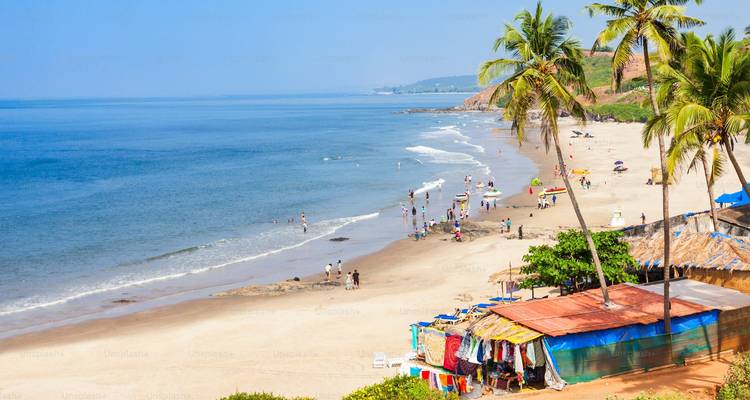 Een schilderachtig strand met mensen, palmbomen en hutten.