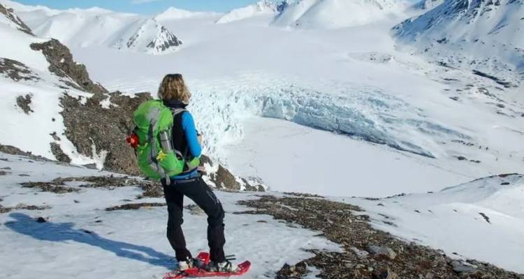 Sneeuwschoenwandelaar met uitzicht over uitgestrekte gletsjer en besneeuwde bergketen