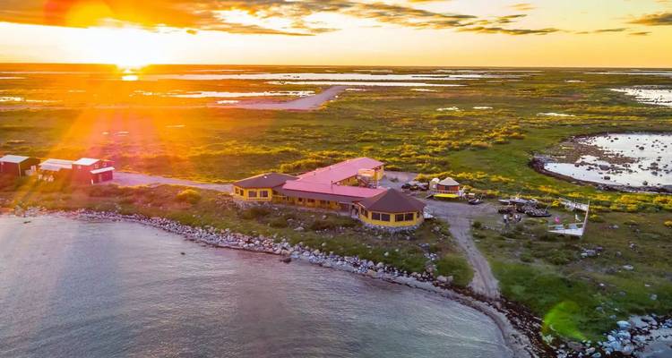 Un lodge isolé avec un toit rose se dresse sur un rivage accidenté au coucher de soleil doré, baigné dans un halo lumineux.