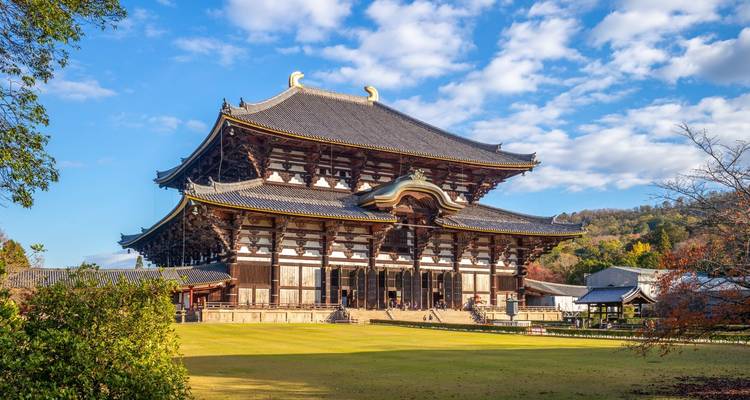 Temple japonais traditionnel dans un parc avec un ciel dégagé.