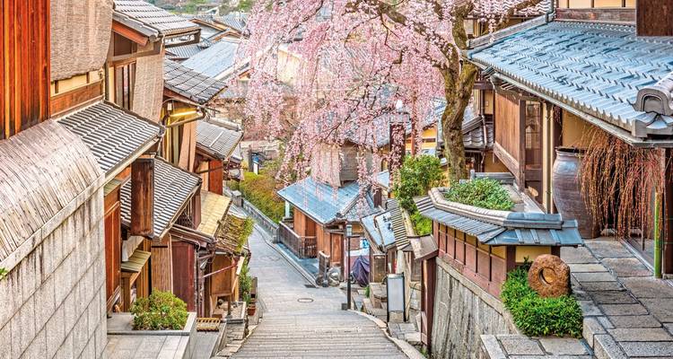 Traditionelle Holzstraße mit Kirschblüten und Ziegeldächern.