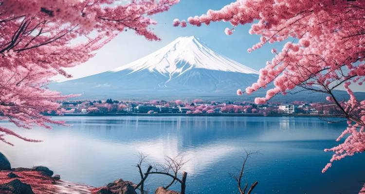 Der Fuji-Berg, eingerahmt von Kirschblüten, mit Blick auf einen See.