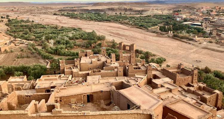 Luftaufnahme einer befestigten Stadt in der Wüste mit üppiger Vegetation.