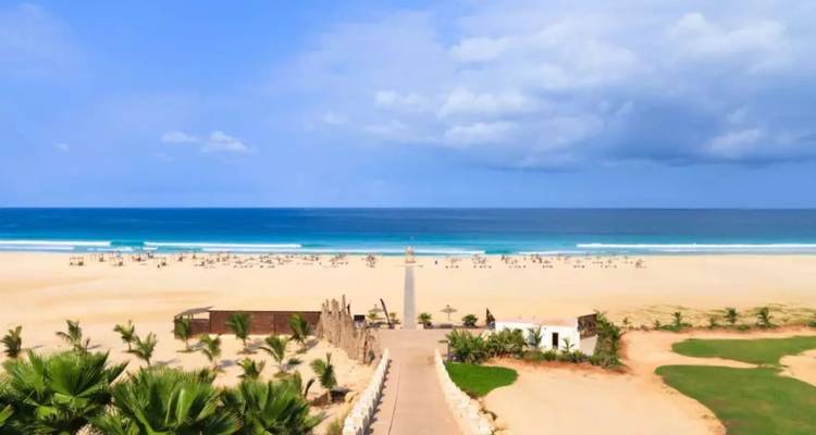 Large plage de sable doré avec des baigneurs au loin, des vagues turquoise et une longue jetée encadrée de palmiers.