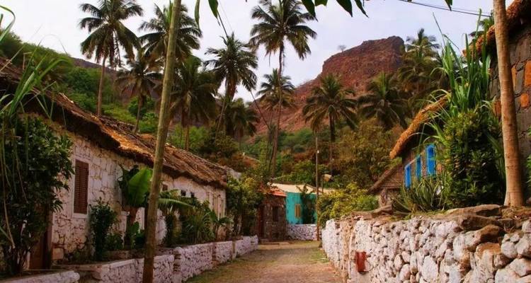 Chemin rural tranquille avec des murs de pierre blanchis à la chaux, des palmiers et des chaumières adossées à une falaise rouge.