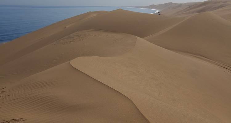 Expansive view of sand dunes meeting the ocean.