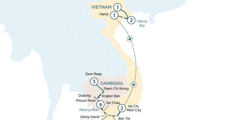 Stylized map showing a travel route through Vietnam and Cambodia.