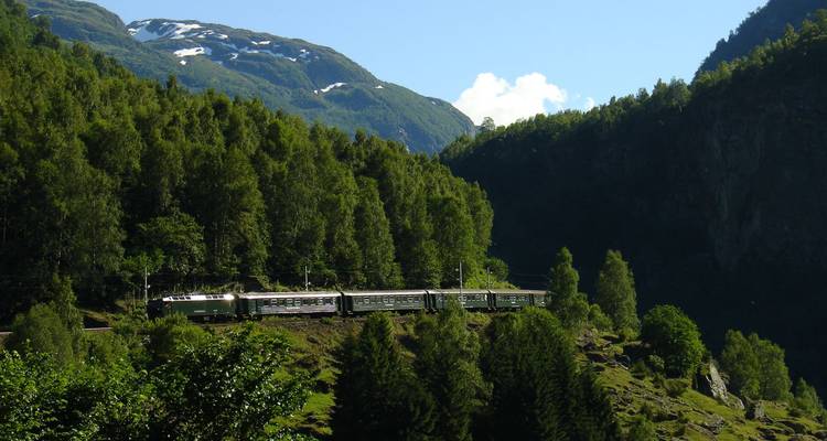 El tren Green Flam Railway serpentea a través de bosques densos bajo montañas imponentes.
