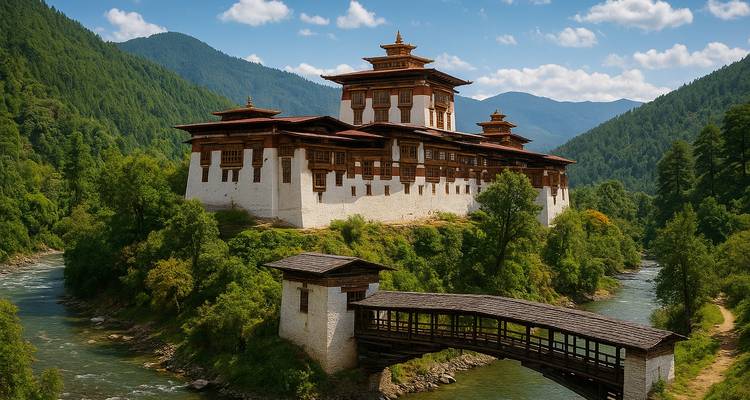 Fortaleza tradicional butanesa con vista al río.