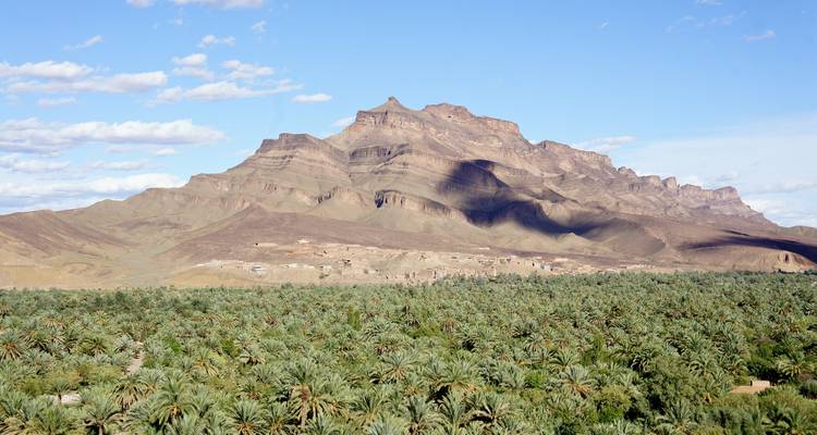 Mountain range with a green field in the foreground.
