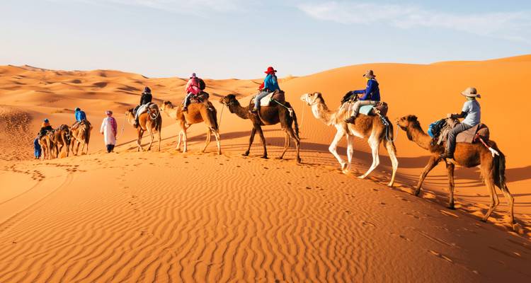Une caravane de voyageurs chevauchent des chameaux en file indienne à travers des dunes de sable orange ondulantes sous un ciel bleu dégagé.