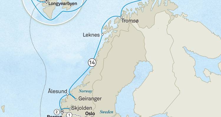 Mapa estilizado que destaca una ruta de viaje a través de Noruega y Svalbard