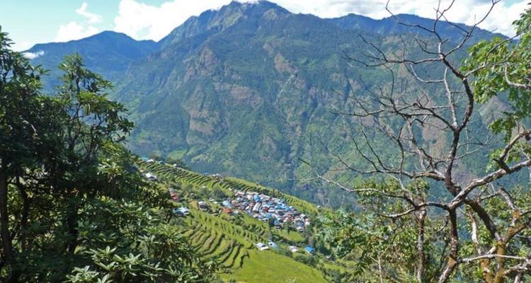 Champs en terrasses et petit village niché à flanc de colline.