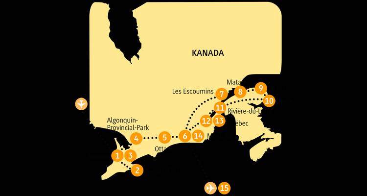 Mapa que muestra el itinerario en Canadá con varias ubicaciones marcadas.