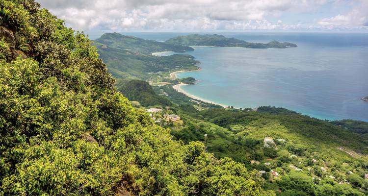 Vue aérienne d'un paysage côtier avec des collines et une végétation luxuriante.