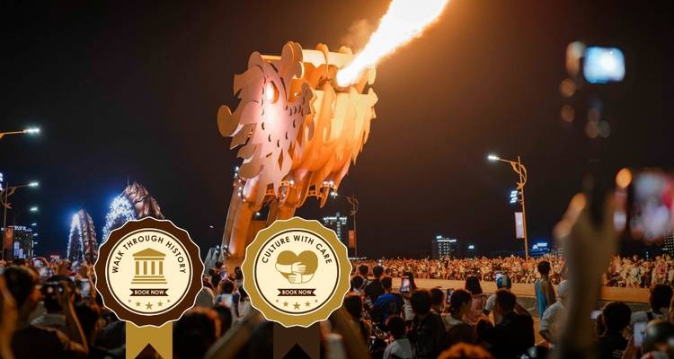 Crowd watching a dragon statue breathing fire, with achievement badges.